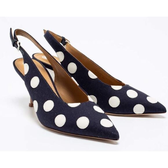 Tory Burch Navy Blue/White Polka Dot Canvas and Leather Spencer Slingback Pumps - Picture 5 of 10